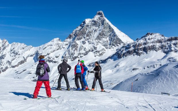 Skiing at the foot of Matterhorn in Aosta Valley